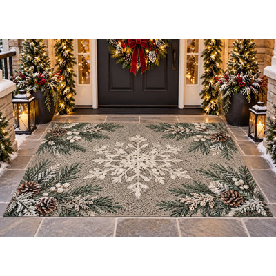 5' x 7' Outdoor Area Rug Winter Snowflake Pine Branch Heavyweight Solid Waterproof PVC Coil Loop Carpet, Heavy Duty Patio Rug, Quick Dry  Outdoor Mat for Porch Entryway Large Doormat
