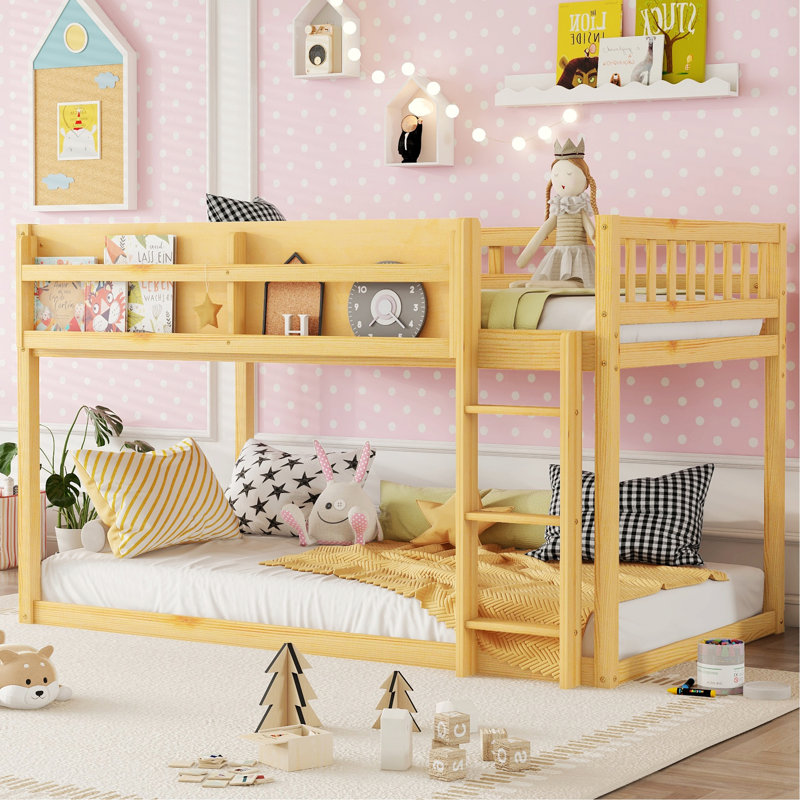 Cadre de lit contemporain pour la maison, lit superposé, lit superposé au sol avec échelle, Naturel