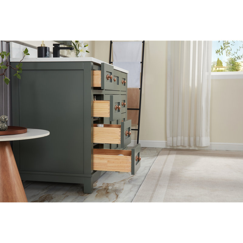 48" Solid Wood Sink Vanity With 1' Artificial Stone Top, Pewter Green, Rose Gold
