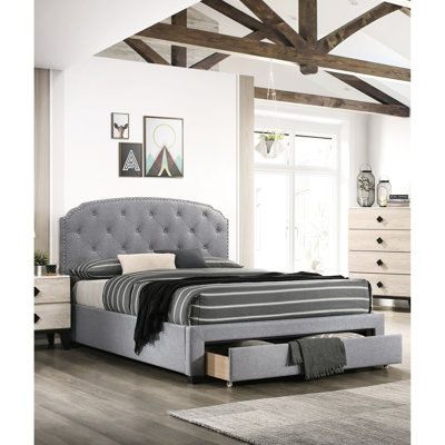 Lit simple moderne avec tête de lit en toile de jute et rangement sous le lit gris gris - Mobilier de chambre à coucher