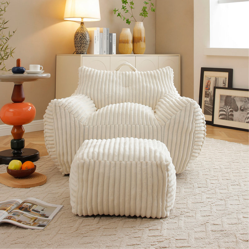 Fauteuil à billes en peluche géant pour adultes avec accoudoirs et repose-pieds, Velours côtelé beige