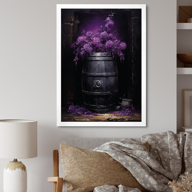Fleurs mauves en bois tonneau de vin - art mural vin, Cadre simple blanc, H 44 po x l 34 po x P 1,5 po