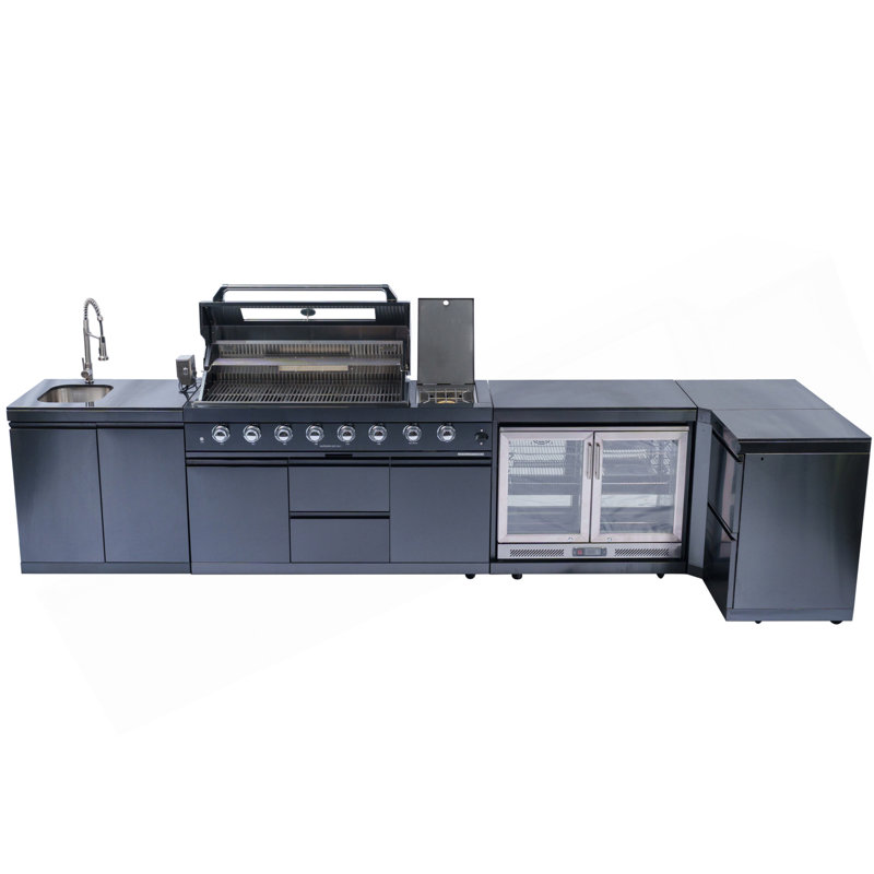 62-Inch 6-Burner 96000 BTU Deluxe Stainless Steel Gas Outdoor Kitchen Bar Barbecue Island Grill + Wine Cooler Compact Refrigerator + Rotisserie + Granite Countertops + Storage Cabinets & Drawers