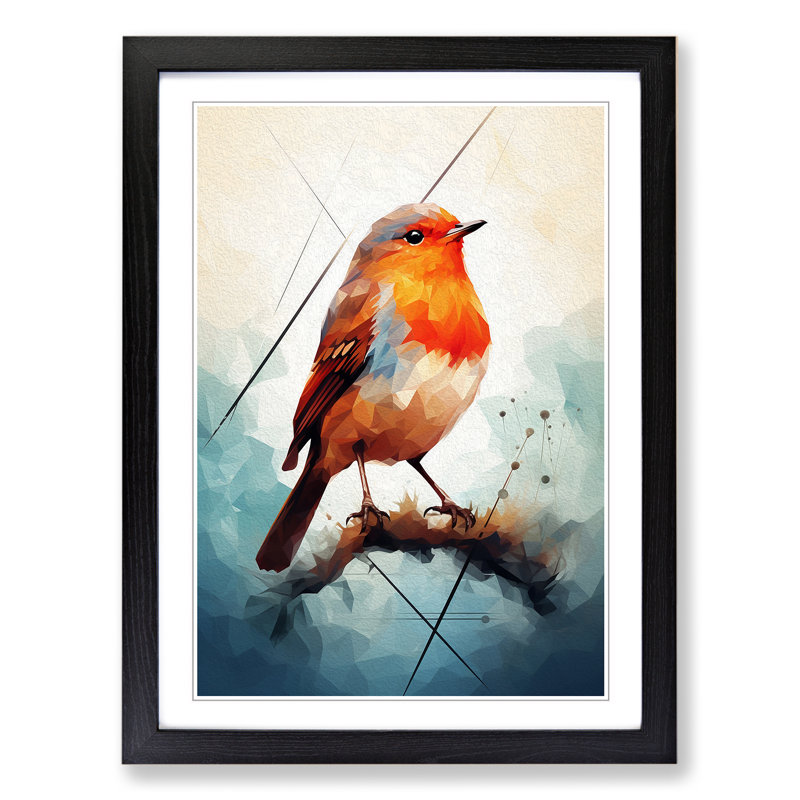 Robin Bird Geometric - Single Picture Frame Print on Wood, Black Framed, 64cm H x 46cm W x 2cm D