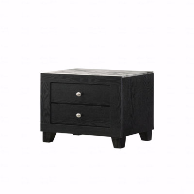 1Pc Contemporary Modern White Faux Marble Top 2-Drawers Nightstand  Black Finish Bedroom Furniture