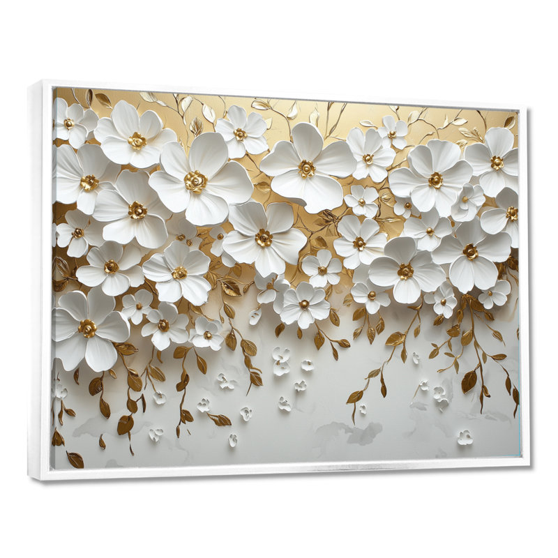 Mynevere Widlflowers, fleurs crémeuses dorées au printemps V - Art mural fleurs sauvages, H 34 po x l 44 po, Avec cadre