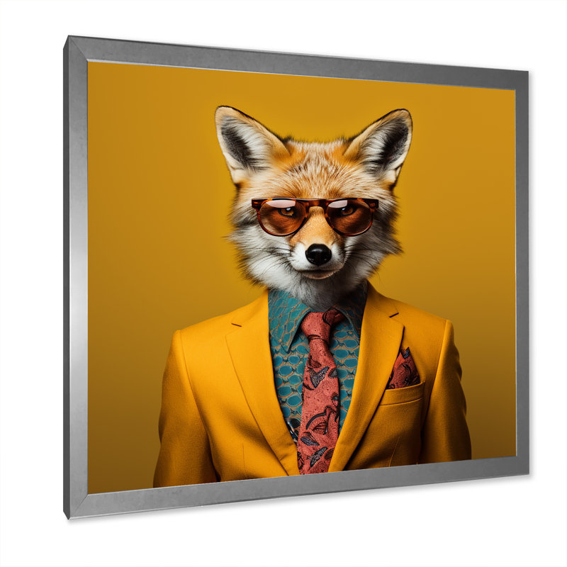 Jaune et orange habillé de renard, mode II, Cadre photo argenté, H 36 po x l 36 po x P 1,5 po