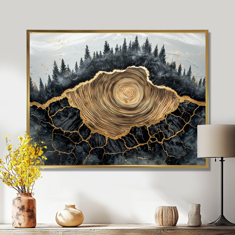 Gerina, forêt sombre liquide, rivière Gem I - forêt, art mural, H 24 po x l 32 po, Cadre flottant doré