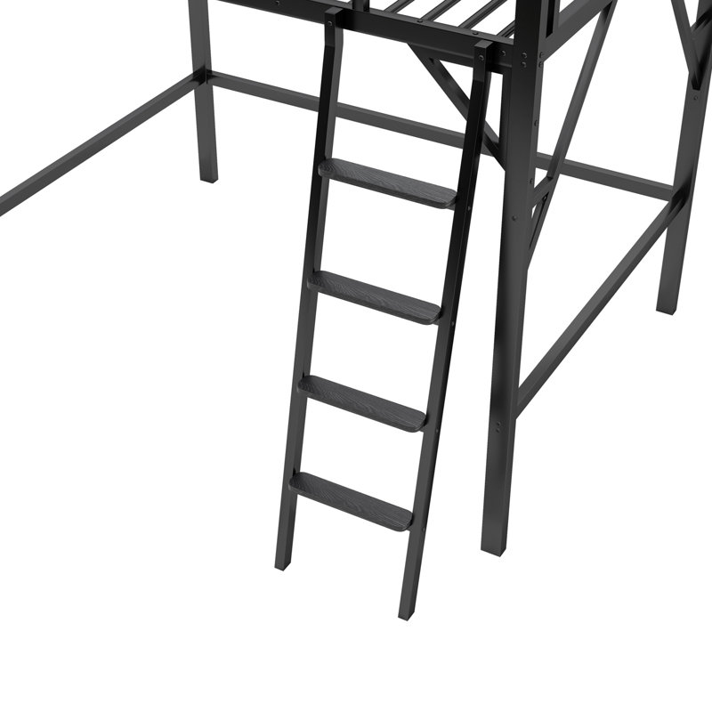Lit mezzanine double avec échelle, lit mezzanine double en métal avec tablettes de rangement, lit mezzanine haut pour adolescents, noir