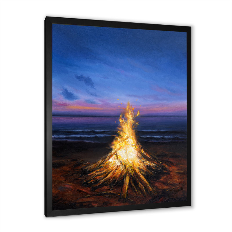 Campfire On Sunset - Painting on Canvas, Black Picture Framed Canvas, 20" H x 12" W x 1" D