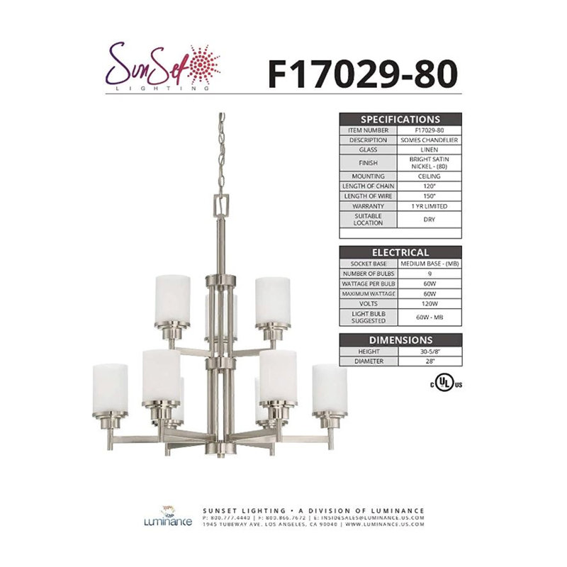Lustre à niveaux ombrés 9 lumières Bristol, Nickel brillant satiné