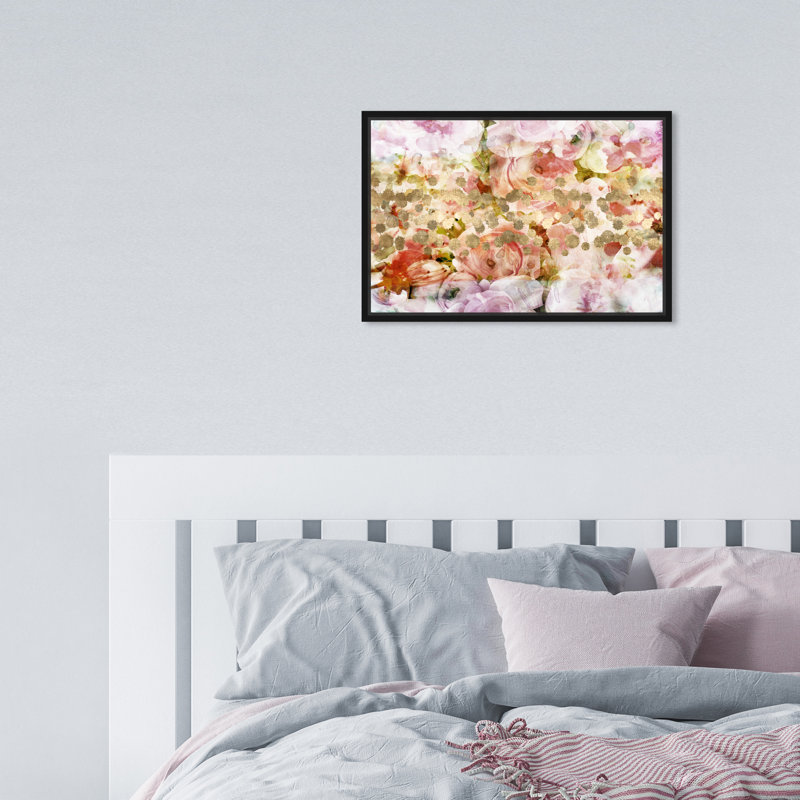 Amant de pivoines, taches de jardin de fleurs - rose moderne - impression sur toile, Cadre en bois noir, H 11 po x l 16 po