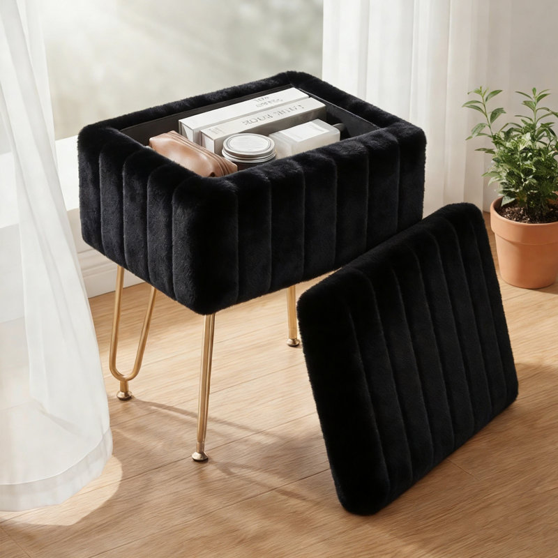 Tabouret de coiffeuse moderne avec 4 pieds en métal et rangement, repose-pieds multi-usage pour chambre de maquillage, Noir