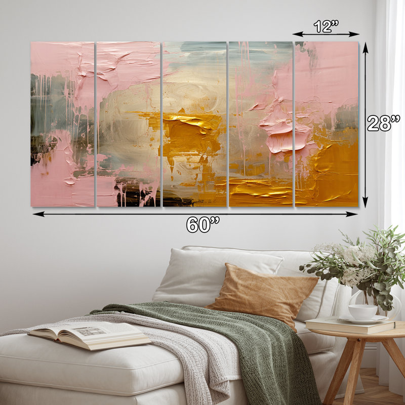 Célébration de la destinée abstraite, peinture or rose II - art mural abstrait, salon - 5 panneaux égaux