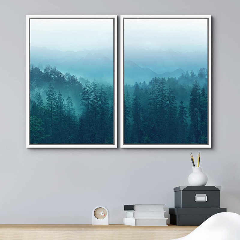 «Teal Mist & Fog Forest Tree Valley Nature Landscape», impression sur toile, 2 pièces, Cadre flottant blanc