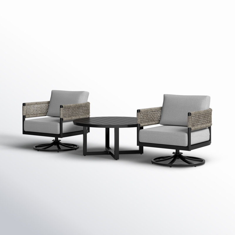 Felicia and Argiope Black Aluminum 3-Piece Patio Set with Grey Rope and Cushions