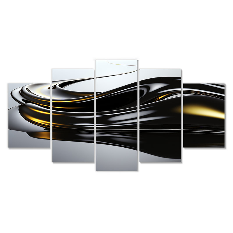 «Black Flow Gold Glow», art mural abstrait à l'encre liquide, toile 5 pièces, H 32 po x l 60 po