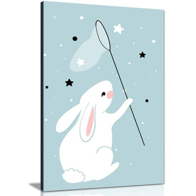 Kids Room Baby Nursery Decor Cute Teal White Rabbit - Wrapped Canvas Print
