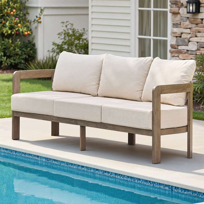 3-Person Patio Sofa With Thick Cushions, Beige Cushion/Brown Frame