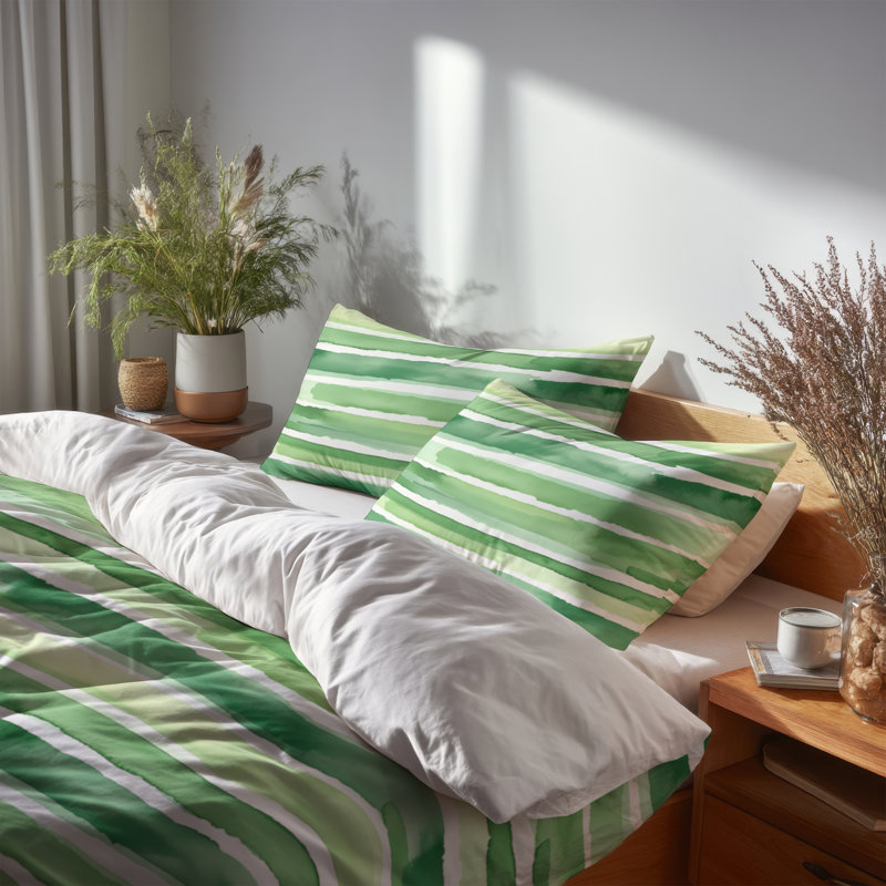 Ensemble de housse de couette à rayures 3 pièces - Ensemble de housse de couette et coussin décoratif vert et blanc