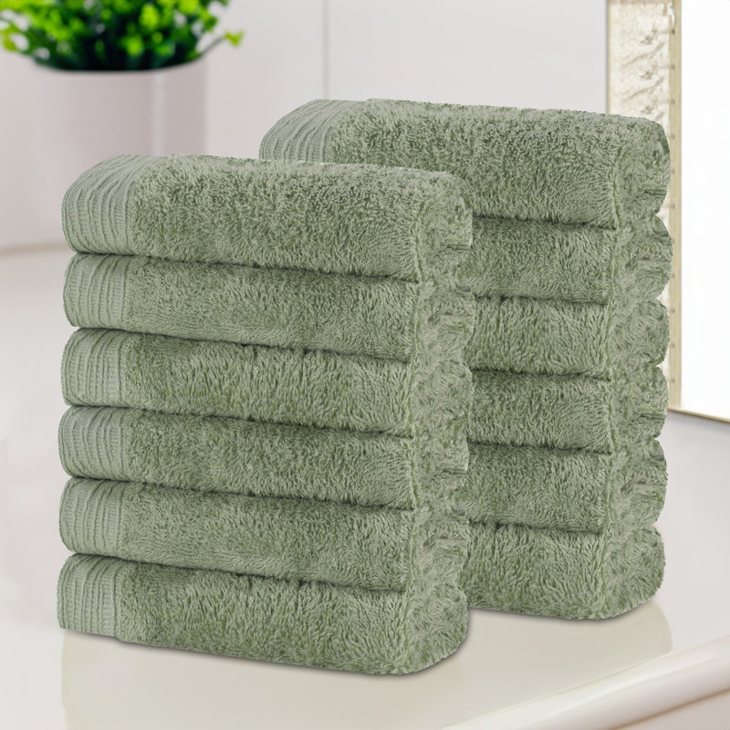 Rayon From Bamboo Cotton Blend Eco-Friendly Hypoallergenic Soft Solid Towel Set, Washcloth - 12 Pack, Green