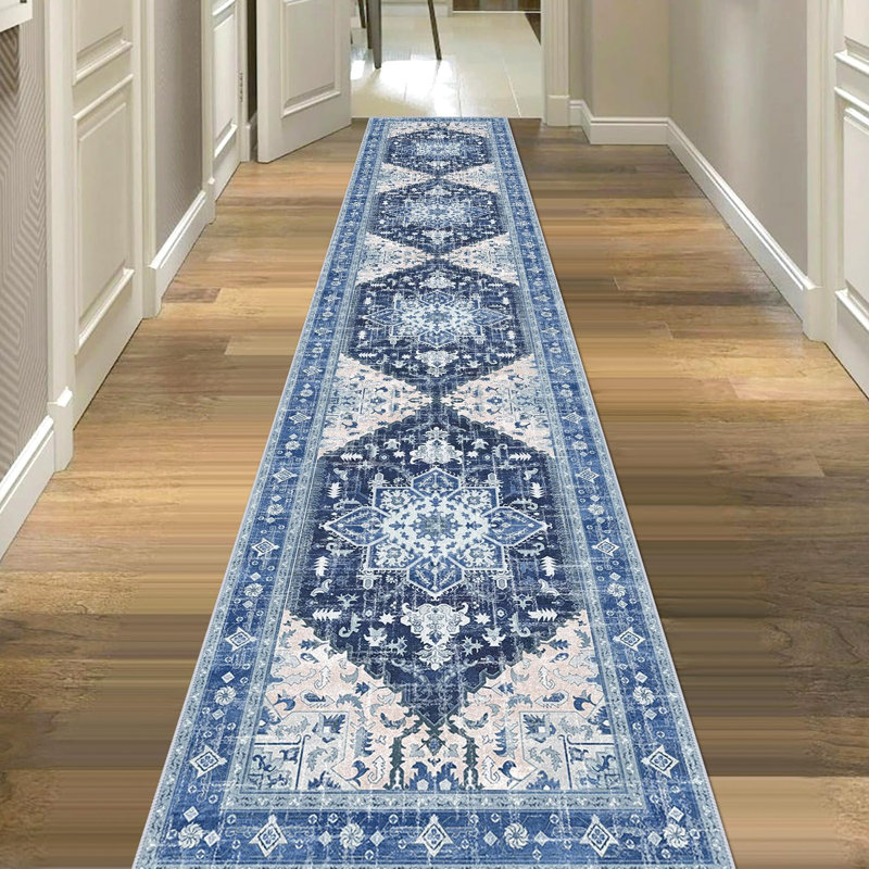 Vintage Hallway Runner Rug, Non-Slip Boho Vintage Washable Kitchen Rug for Bedroom, Kitchen, Laundry, Entrance, Dark Blue