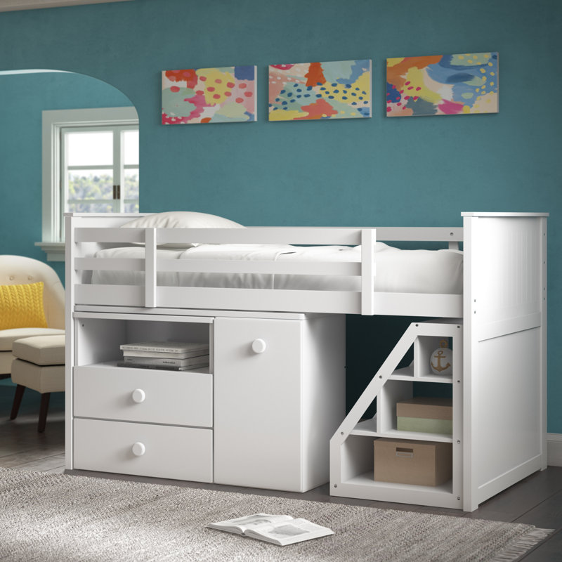 Crowder Transitional 2-Drawer Twin Loft Bed Set with Bookcase and Swivel Desk in White