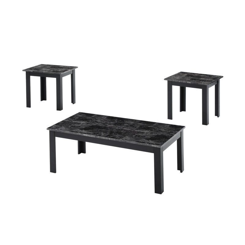 Table 3 pièces de style traditionnel, tables basses rectangulaires et carrées, dessus en faux marbre, texture en bois gris, agrégat de dépliant d'assemblage sans effort, finition, guide facile