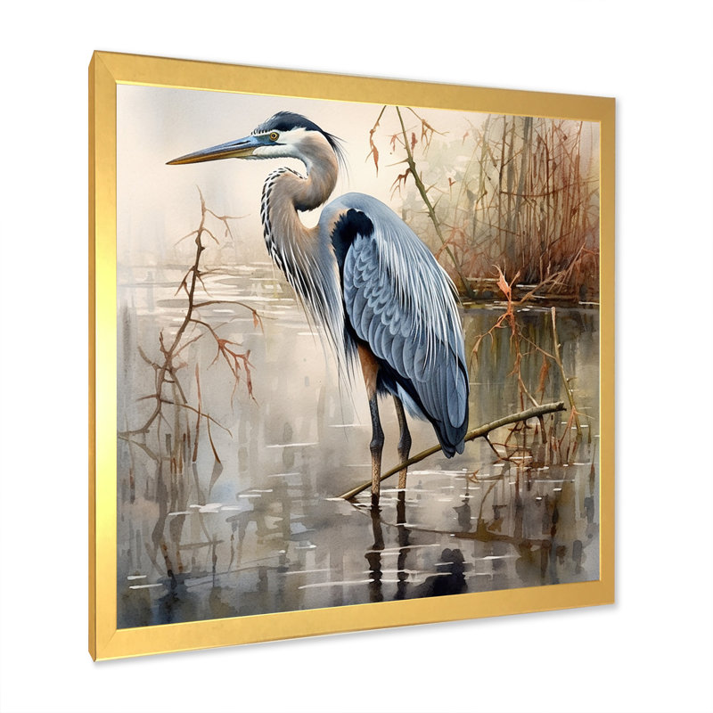 «Graceful Heron Waterbird IV - Heron», art mural, H 24 po x l 24 po, Cadre photo unique, Doré