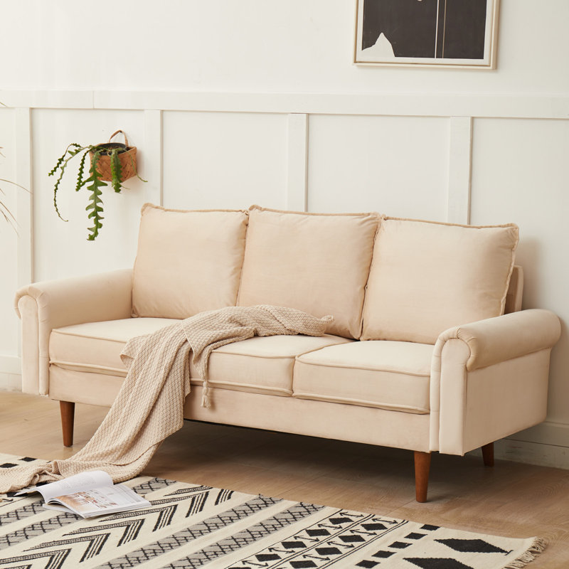 Canapé à accoudoirs roulés 75 po, Velours beige