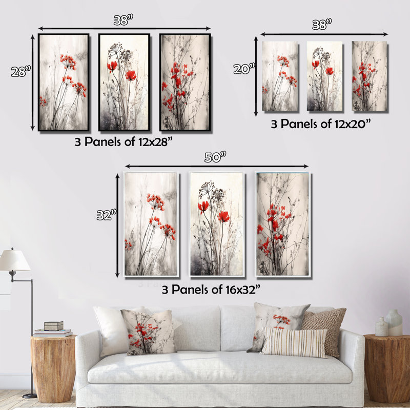 «Red Gray Herb Garden», 3 pièces sur toile, Toile tendue, H 40 po x l 60 po