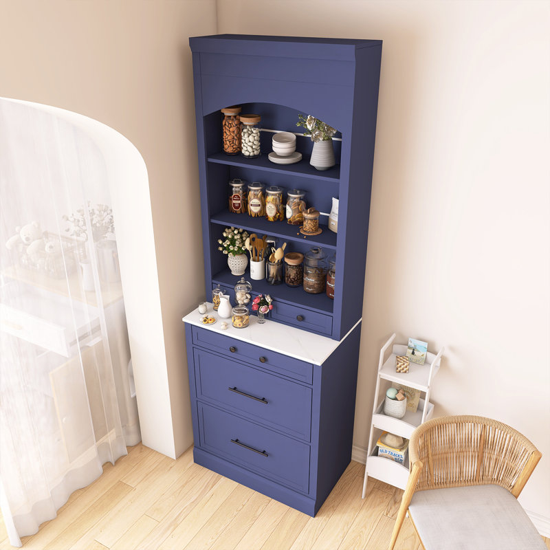 Grand bahut autoportant avec plateau en faux marbre, Bleu, Noir