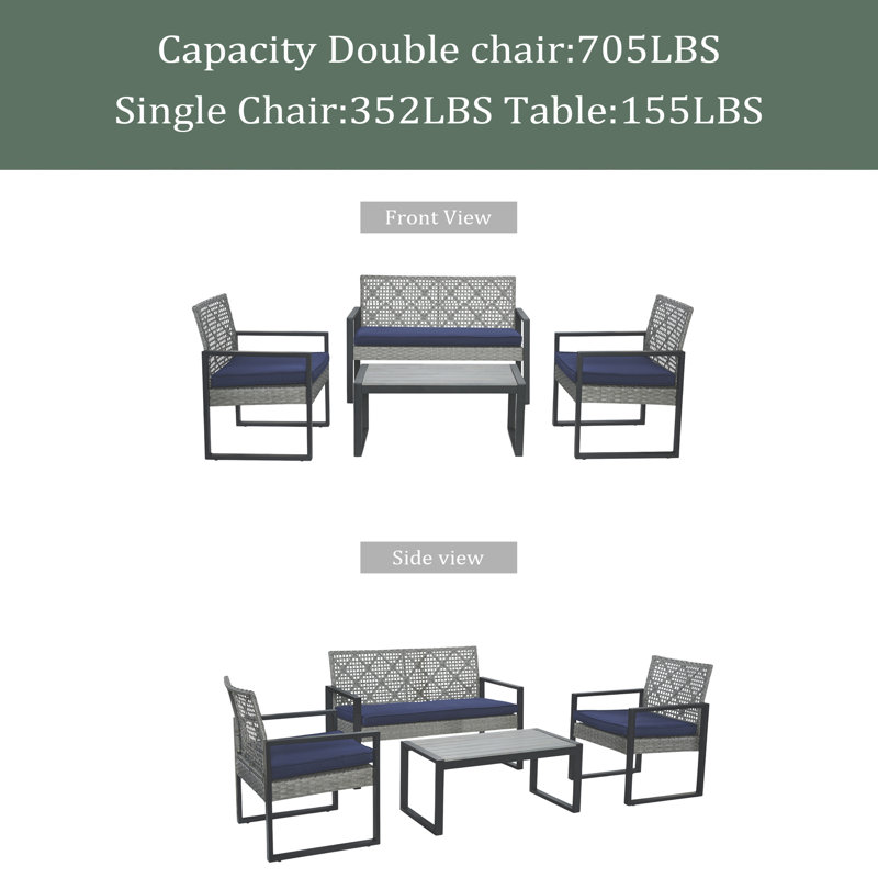 Ensemble de meubles de patio 4 pièces avec balcon et véranda, Bleu, Gris clair