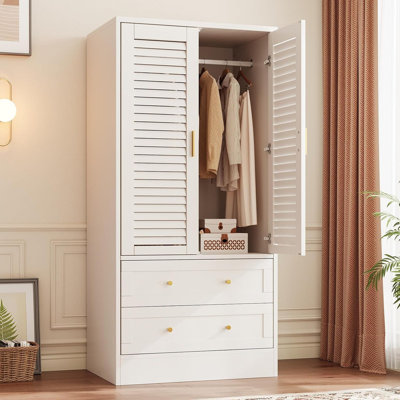 Armoire penderie en bois 65 ", 2 portes et 2 tiroirs avec tringle