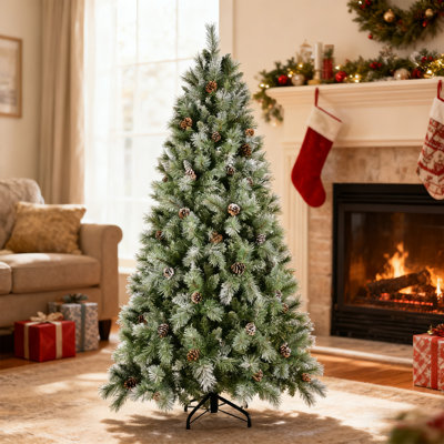 5Ft Christmas Tree With Pine Cones, Easy Fluff-And-Hang Artificial Xmas Tree For Home Office Holiday Decor