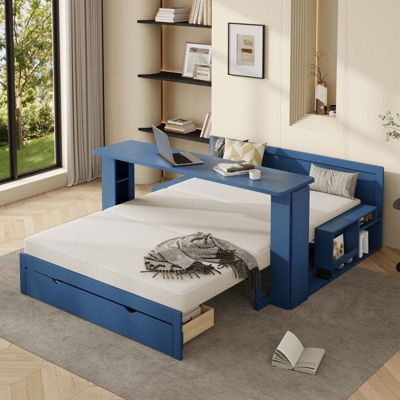 Lit de jour double multifonctionnel avec bureau amovible, table d'appoint hydraulique, Bleu