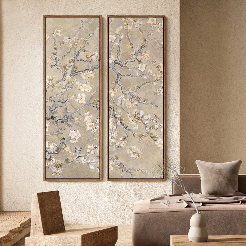 Vintage Almond Blossom Wall Art - 20x60 inches Framed Canvas Set of 2, Natural