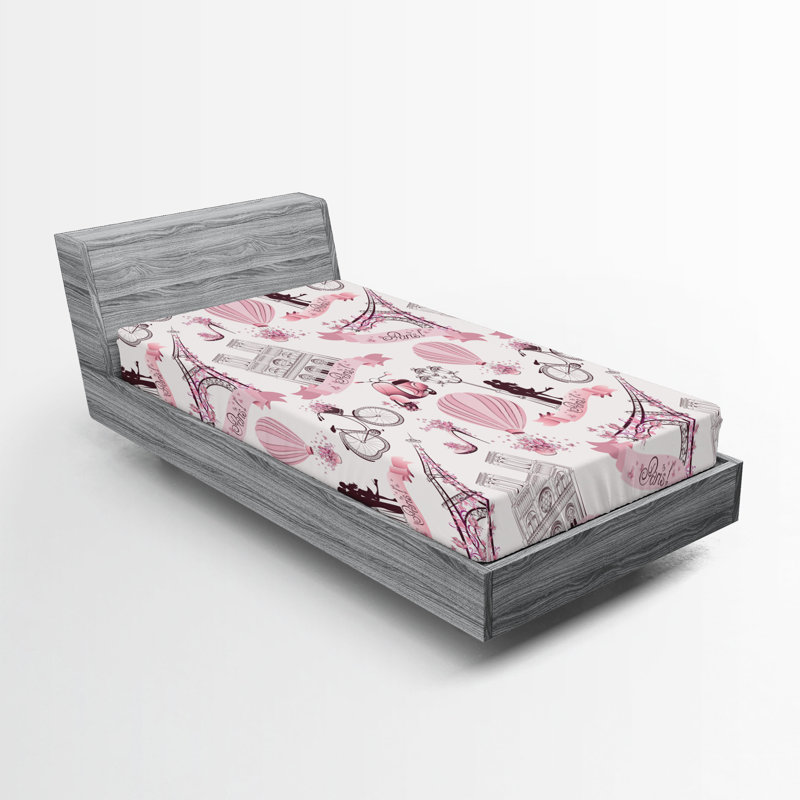 Ensemble de 2 draps-housse Tour Eiffel Ambesonne Paris lune de miel rose pâle, Drap-housse de taille simple