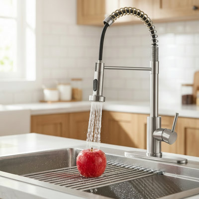 Industrial Single-Handle Spring Spout Kitchen Faucet with Pull-Down Sprayer