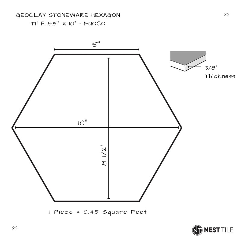 Geoclay Stoneware Hexagon Tile 8.5X10”, Orange
