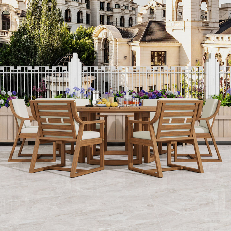 7-Piece Outdoor Dining Table Set with Hollow Design Tabletop, Removable Cushions and Umbrella Hole, Light Teak
