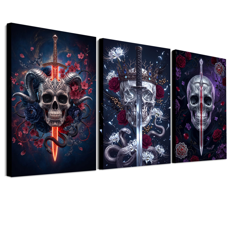 «Dark Fantasy Skulls» avec épées et ensemble de 3 toiles rouges d'Halloween, H 18 po x l 12 po x 3 pièces