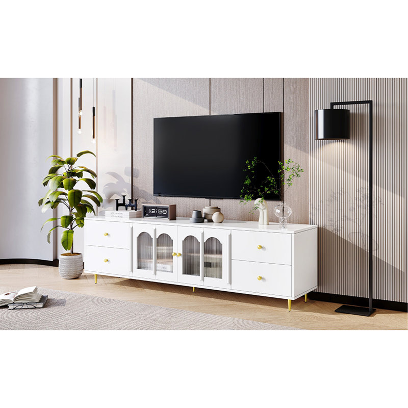 Meuble télé avec porte vitrée, 4 tiroirs et 2 armoires, Blanc