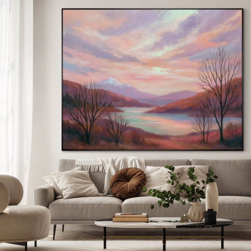 Très grande reproduction d'art sur toile - Vallée de montagne rose avec lac Serene, œuvre d'art pour le salon ou la chambre à coucher - «Assemblage requis du cadre (cadre non fini)»
