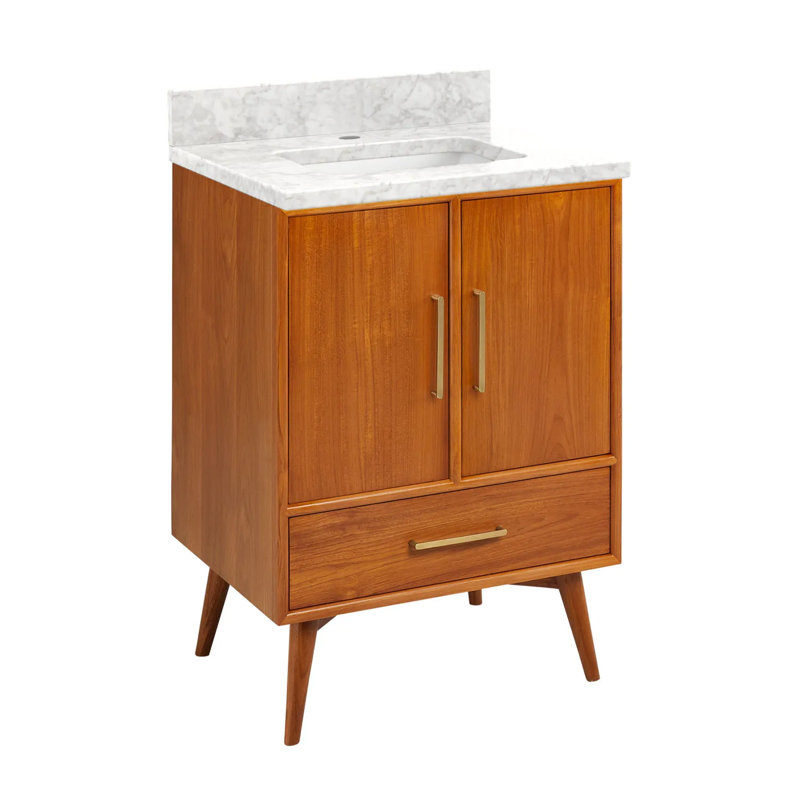 24" Novak Single Bathroom Vanity Set with Rectangular Undermount Sink, Carrara Marble, Natural Teak, Single-Hole