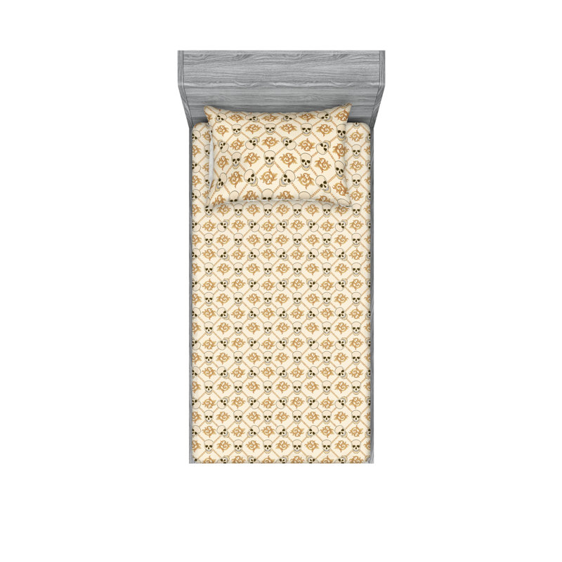 Ambesonne Fitted Sheet & Shams, Twin XL Sheet Set with 1 Pillowcase, Champagne Camel/Beige Floral