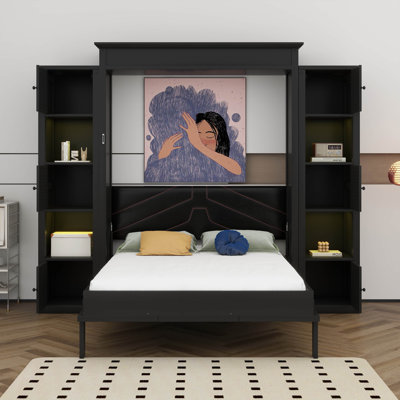 Grand lit escamotable avec tablettes de rangement et lumière DEL, lits escamotables muraux en bois massif avec tablettes de rangement