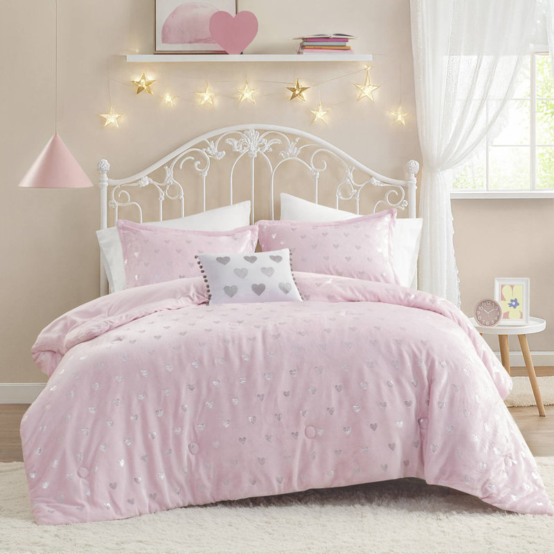 Ensemble d'édredon moelleux à imprimé métallique Rosalie, Rose / argenté, Édredon simple / simple TG, 1 taie décorative et