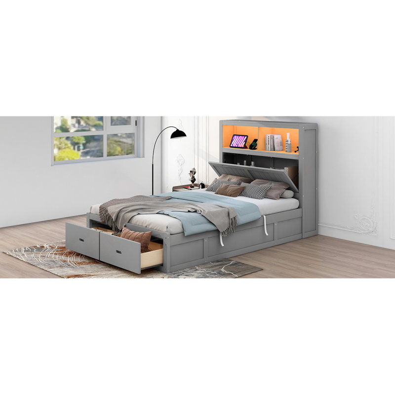 Lit plateforme en bois avec tête de lit à DEL, station de charge et 2 tiroirs, Lit double, Gris