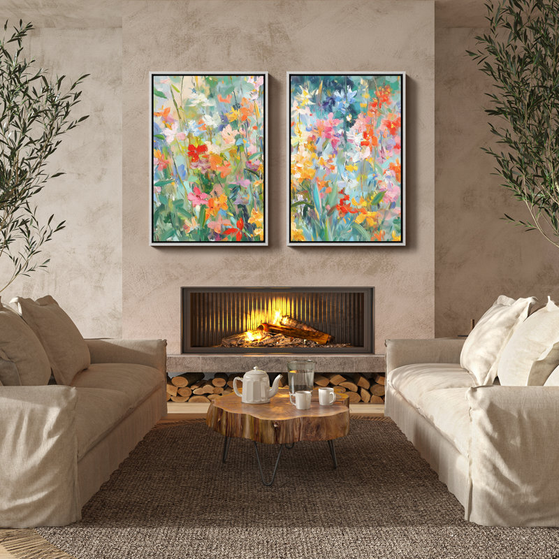 Vibrant Floral Field Contemporary Wall Decor 2 Pieces Framed Print Wall Art, 24" H x 16" W, White